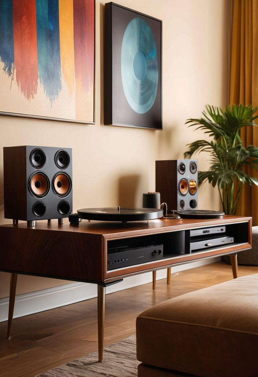 A luxurious home audio setup featuring a sleek high-end audio system, plush seating, and warm ambient lighting. Include an array of premium speakers and stylish headphones, surrounded by vinyl records and sound wave patterns in the background. Showcase a serene and upscale atmosphere to emphasize a premium listening experience. hyper-realistic. vivid colors. cozy setting.