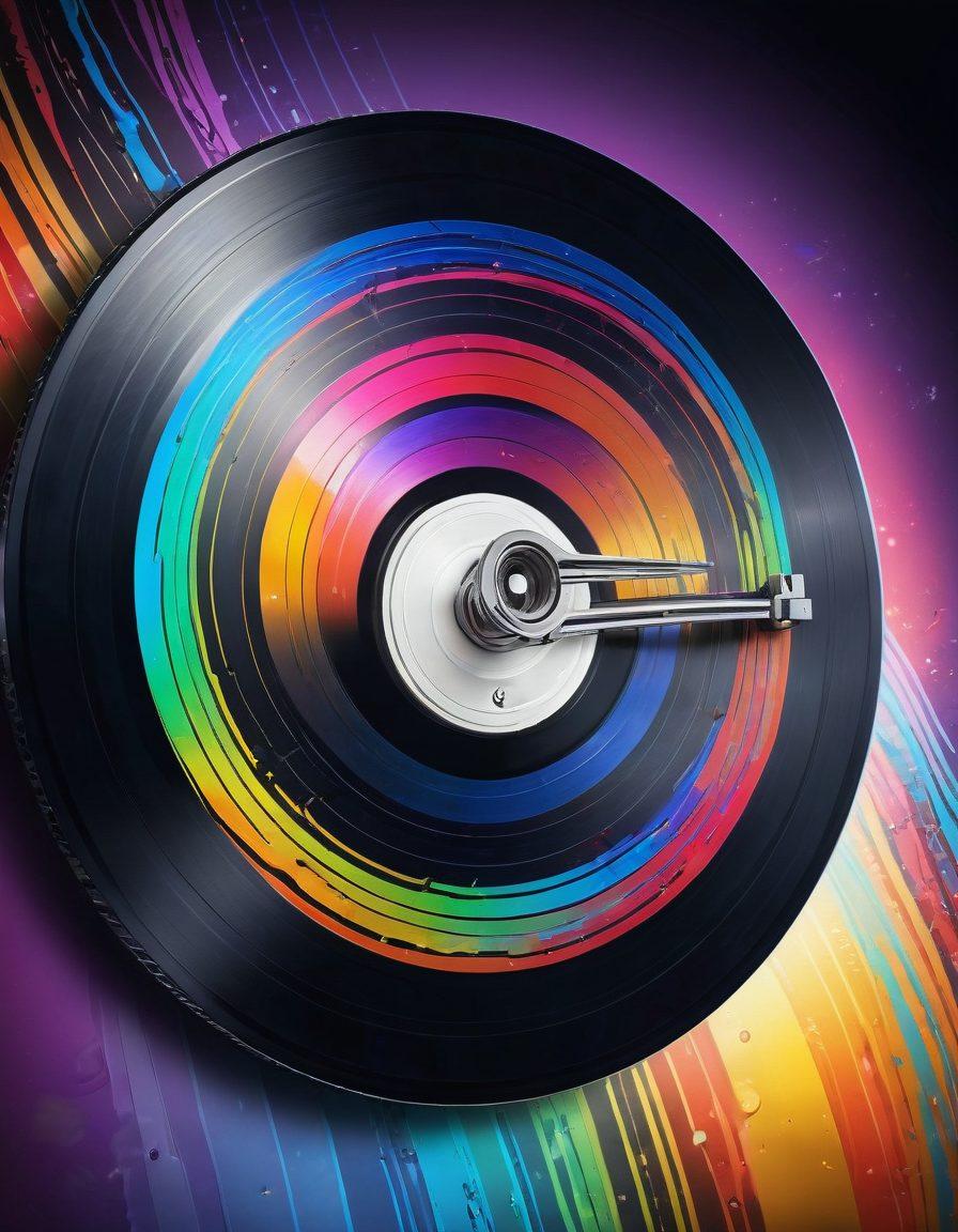 A visually striking image featuring a shiny key unlocking a high-resolution audio wave pattern emerging from a vinyl record, with musical notes and sound waves radiating outward. Background filled with colorful sound equalizer bars and vibe patterns, representing exceptional music enjoyment. The setting should be dynamic and lively to evoke a sense of passion for music. super-realistic. vibrant colors. 3D.