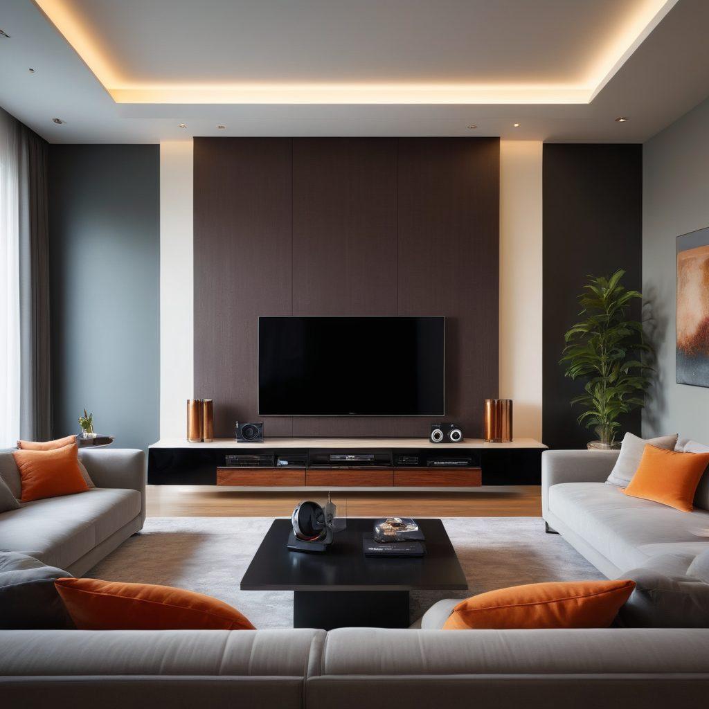 A sleek modern living room featuring a high-end audio system with stereo speakers transitioning into an immersive surround sound setup. Visuals of sound waves emanating from each speaker, beautifully blending into the ambiance of the room. Include a person enjoying the experience with headphones in a contrasting setting, symbolizing the journey from stereo to surround sound. super-realistic. vibrant colors. high-definition.